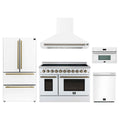 Forno 5-Piece Appliance Package - 48-Inch Electric Range, Wall Mount Range Hood, 36-Inch Refrigerator, Dishwasher, and 30-Inch Microwave Oven in White with Antique Brass Trim