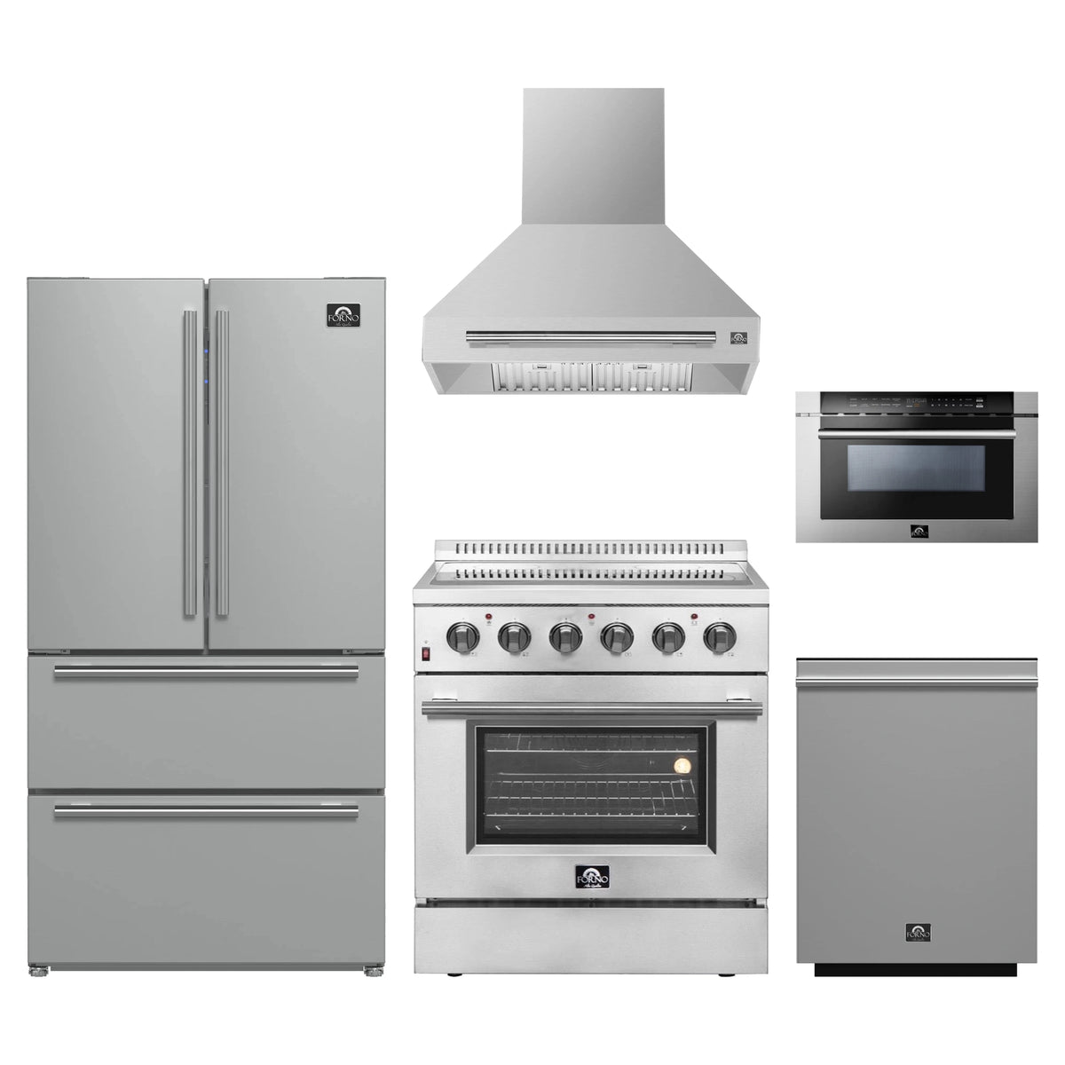 Forno 5-Piece Appliance Package - 30-Inch Electric Range, Wall Mount Range Hood, 36-Inch Refrigerator, Dishwasher, and 24-Inch Microwave Drawer in Stainless Steel