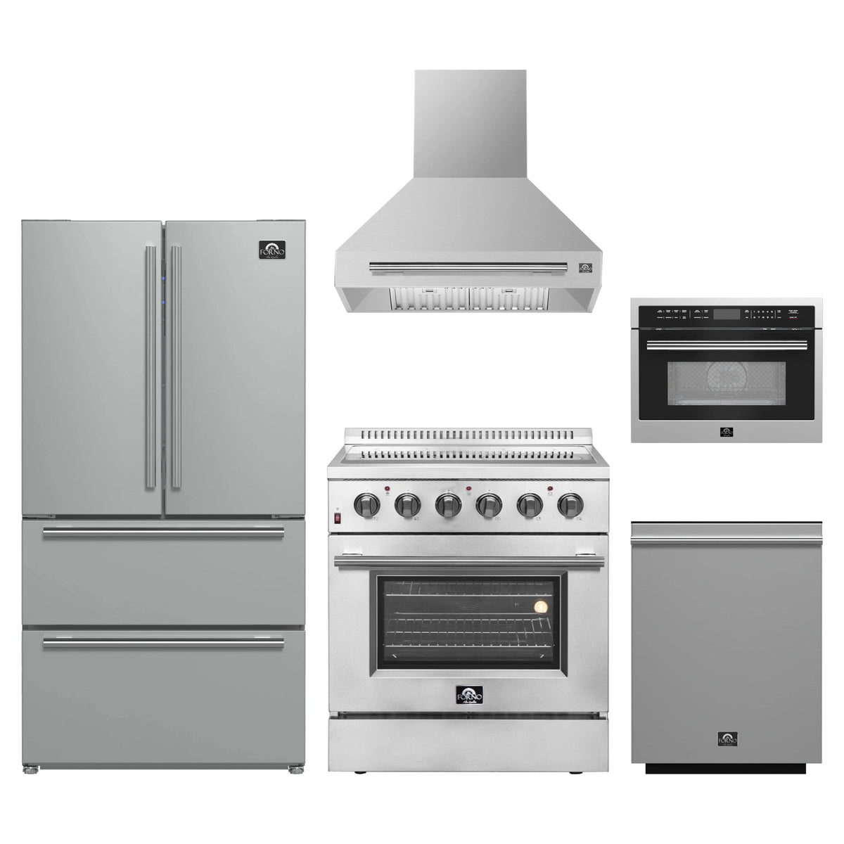 Forno 5-Piece Appliance Package - 30-Inch Electric Range, Wall Mount Range Hood, 36-Inch Refrigerator, Dishwasher, and 24-Inch Microwave Oven in Stainless Steel
