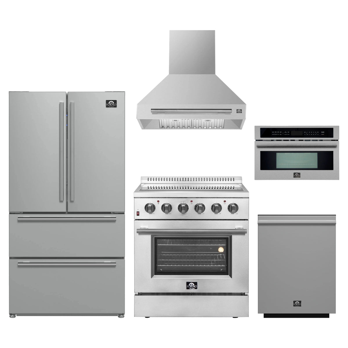 Forno 5-Piece Appliance Package - 30-Inch Electric Range, Wall Mount Range Hood, 36-Inch Refrigerator, Dishwasher, and 30-Inch Microwave Oven in Stainless Steel