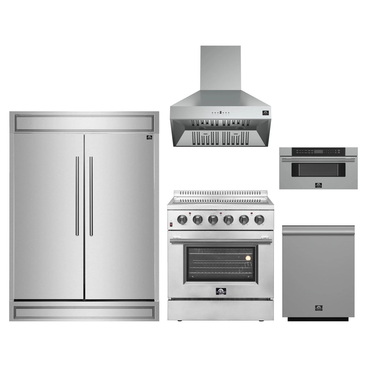 Forno 5-Piece Appliance Package - 30-Inch Electric Range, Wall Mount Range Hood, 60-Inch Refrigerator, Dishwasher, and 30-Inch Microwave Drawer in Stainless Steel