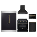 Forno 5-Piece Appliance Package - 30-Inch Electric Range, Wall Mount Range Hood, 60-Inch Refrigerator, Dishwasher, and 24-Inch Microwave Drawer in Black with Antique Brass Trim
