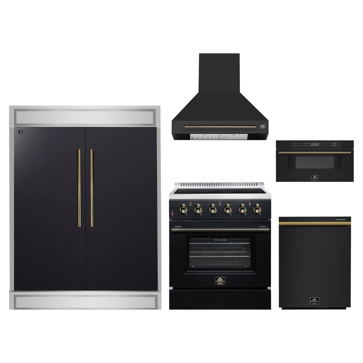 Forno 5-Piece Appliance Package - 30-Inch Electric Range, Wall Mount Range Hood, 60-Inch Refrigerator, Dishwasher, and 30-Inch Microwave Drawer in Black with Antique Brass Trim