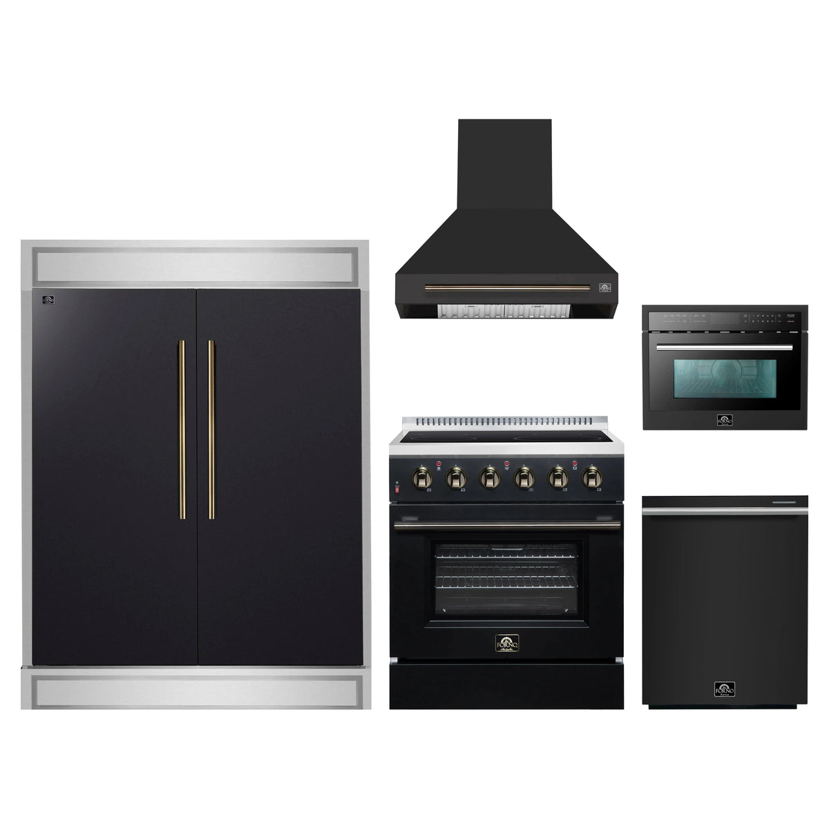 Forno 5-Piece Appliance Package - 30-Inch Electric Range, Wall Mount Range Hood, 60-Inch Refrigerator, Dishwasher, and 24-Inch Microwave Oven in Black with Antique Brass Trim