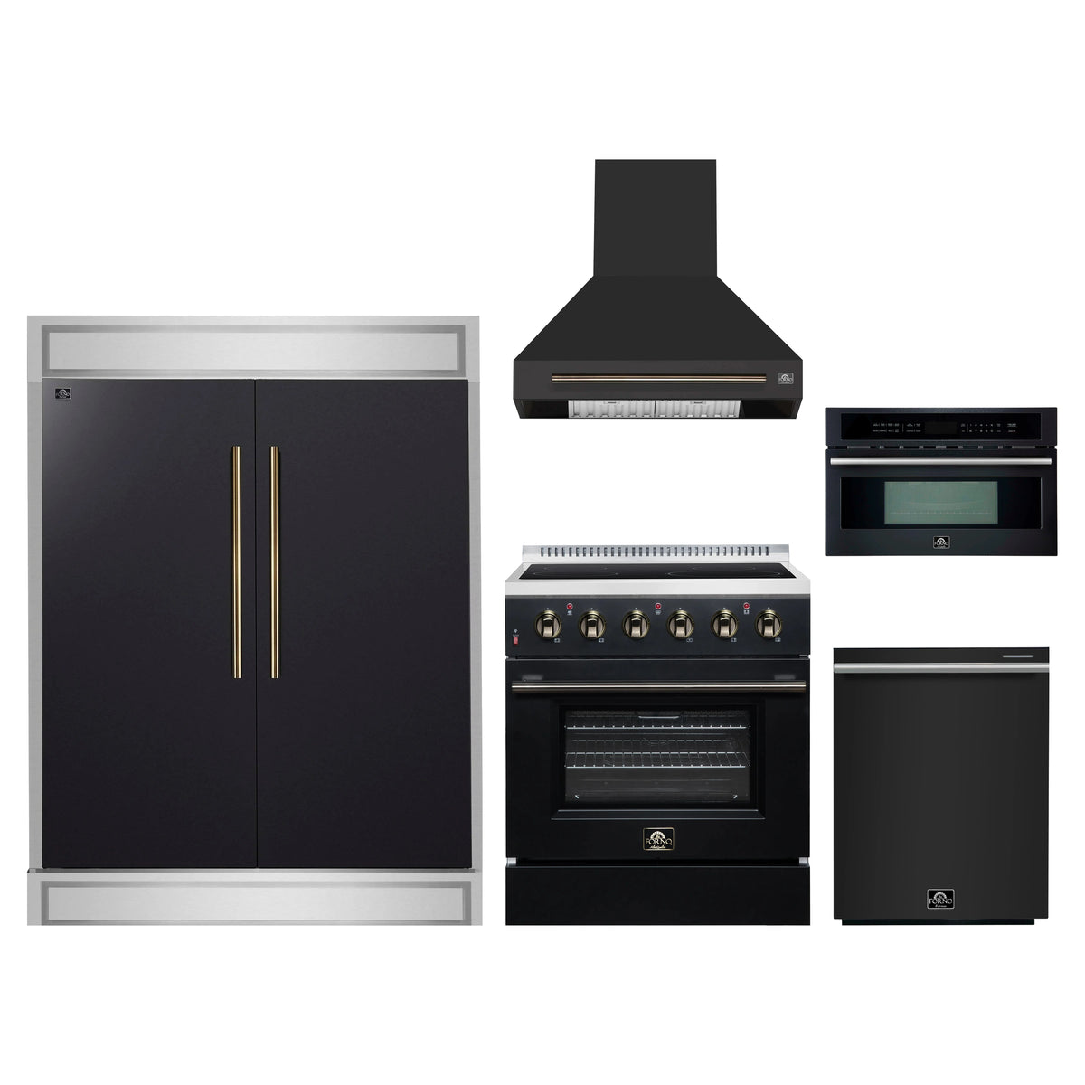 Forno 5-Piece Appliance Package - 30-Inch Electric Range, Wall Mount Range Hood, 60-Inch Refrigerator, Dishwasher, and 30-Inch Microwave Oven in Black with Antique Brass Trim