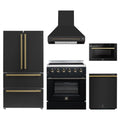 Forno 5-Piece Appliance Package - 30-Inch Electric Range, Wall Mount Range Hood, 36-Inch Refrigerator, Dishwasher, and 24-Inch Microwave Drawer in Black with Antique Brass Trim