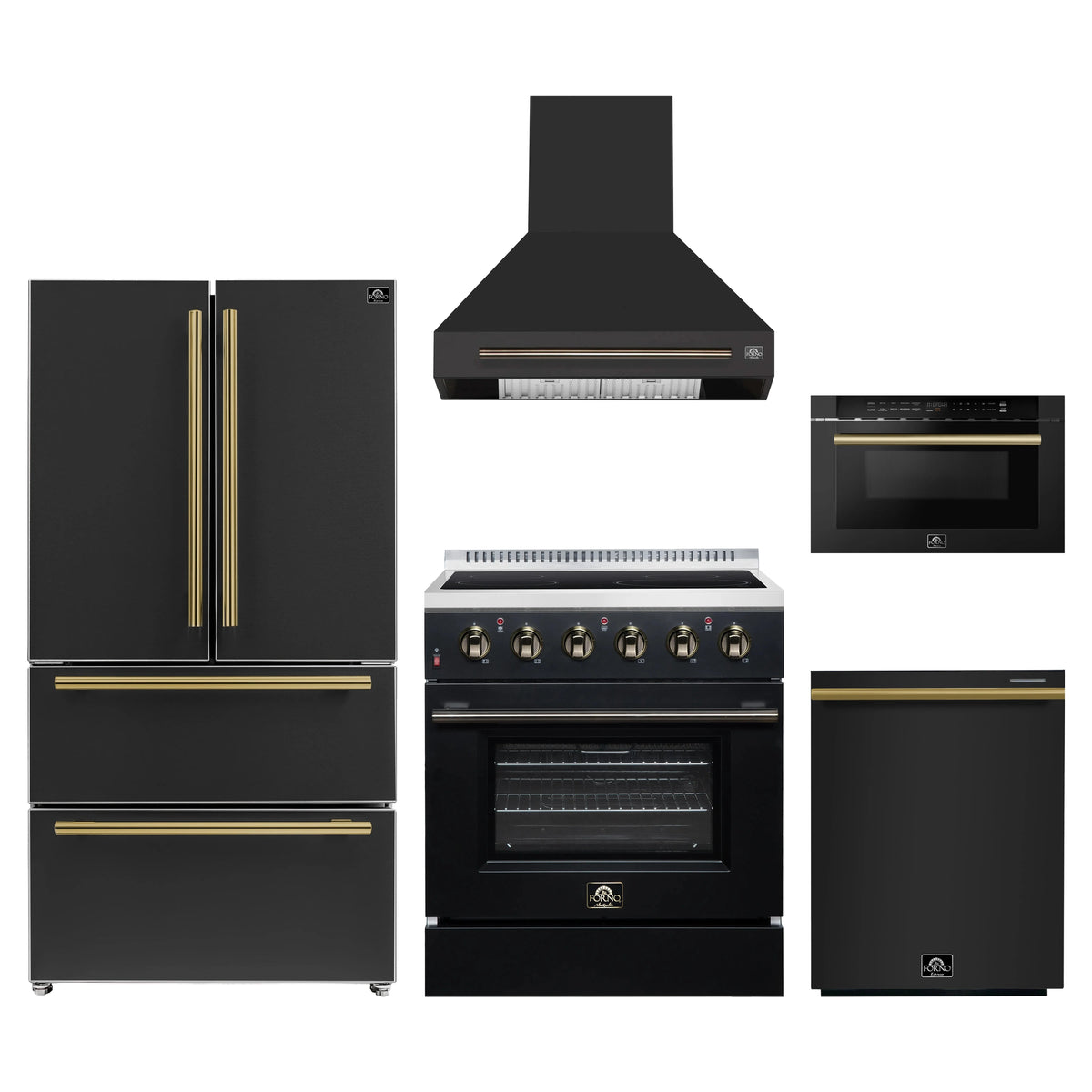 Forno 5-Piece Appliance Package - 30-Inch Electric Range, Wall Mount Range Hood, 36-Inch Refrigerator, Dishwasher, and 24-Inch Microwave Drawer in Black with Antique Brass Trim