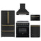 Forno 5-Piece Appliance Package - 30-Inch Electric Range, Wall Mount Range Hood, 36-Inch Refrigerator, Dishwasher, and 24-Inch Microwave Drawer in Black with Antique Brass Trim