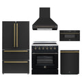 Forno 5-Piece Appliance Package - 30-Inch Electric Range, Wall Mount Range Hood, 36-Inch Refrigerator, Dishwasher, and 30-Inch Microwave Drawer in Black with Antique Brass Trim