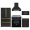 Forno 5-Piece Appliance Package - 30-Inch Electric Range, Wall Mount Range Hood, 36-Inch Refrigerator, Dishwasher, and 30-Inch Microwave Drawer in Black with Antique Brass Trim