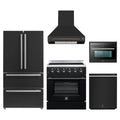 Forno 5-Piece Appliance Package - 30-Inch Electric Range, Wall Mount Range Hood, 36-Inch Refrigerator, Dishwasher, and 24-Inch Microwave Oven in Black with Antique Brass Trim
