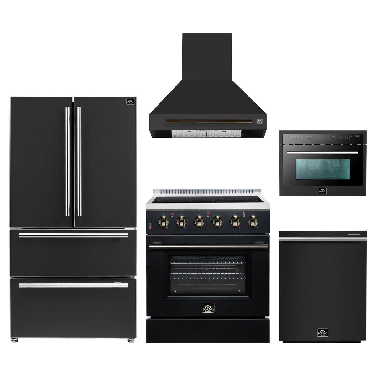 Forno 5-Piece Appliance Package - 30-Inch Electric Range, Wall Mount Range Hood, 36-Inch Refrigerator, Dishwasher, and 24-Inch Microwave Oven in Black with Antique Brass Trim