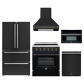 Forno 5-Piece Appliance Package - 30-Inch Electric Range, Wall Mount Range Hood, 36-Inch Refrigerator, Dishwasher, and 30-Inch Microwave Oven in Black with Antique Brass Trim