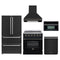 Forno 5-Piece Appliance Package - 30-Inch Electric Range, Wall Mount Range Hood, 36-Inch Refrigerator, Dishwasher, and 30-Inch Microwave Oven in Black with Antique Brass Trim