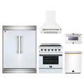 Forno 5-Piece Appliance Package - 30-Inch Electric Range, Wall Mount Range Hood, 60-Inch Refrigerator, Dishwasher, and 24-Inch Microwave Drawer in White with Antique Brass Trim