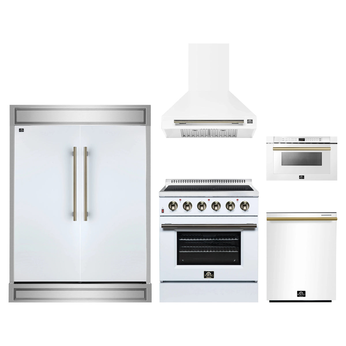Forno 5-Piece Appliance Package - 30-Inch Electric Range, Wall Mount Range Hood, 60-Inch Refrigerator, Dishwasher, and 24-Inch Microwave Drawer in White with Antique Brass Trim