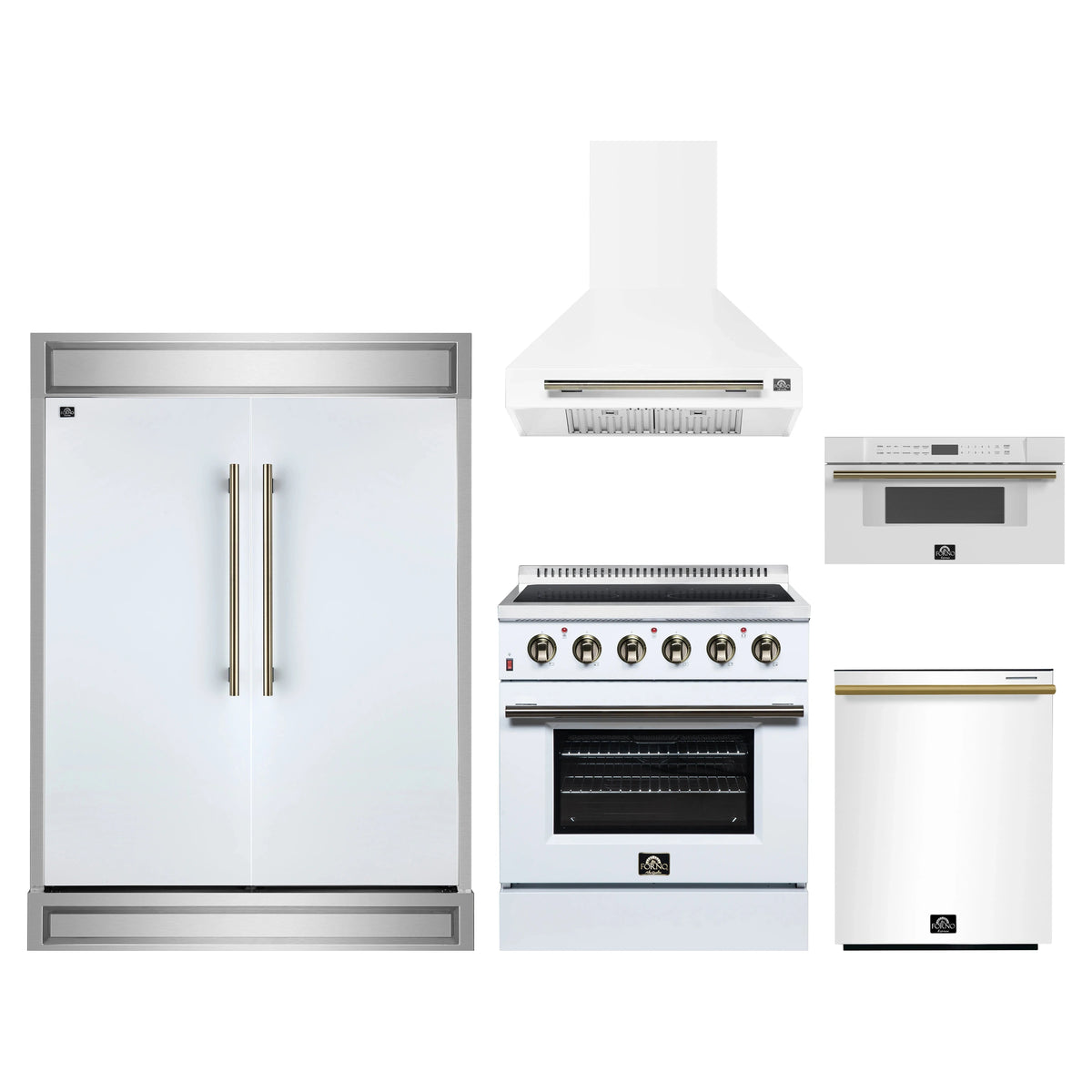 Forno 5-Piece Appliance Package - 30-Inch Electric Range, Wall Mount Range Hood, 60-Inch Refrigerator, Dishwasher, and 30-Inch Microwave Drawer in White with Antique Brass Trim