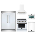 Forno 5-Piece Appliance Package - 30-Inch Electric Range, Wall Mount Range Hood, 60-Inch Refrigerator, Dishwasher, and 24-Inch Microwave Oven in White with Antique Brass Trim