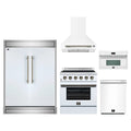Forno 5-Piece Appliance Package - 30-Inch Electric Range, Wall Mount Range Hood, 60-Inch Refrigerator, Dishwasher, and 30-Inch Microwave Oven in White with Antique Brass Trim