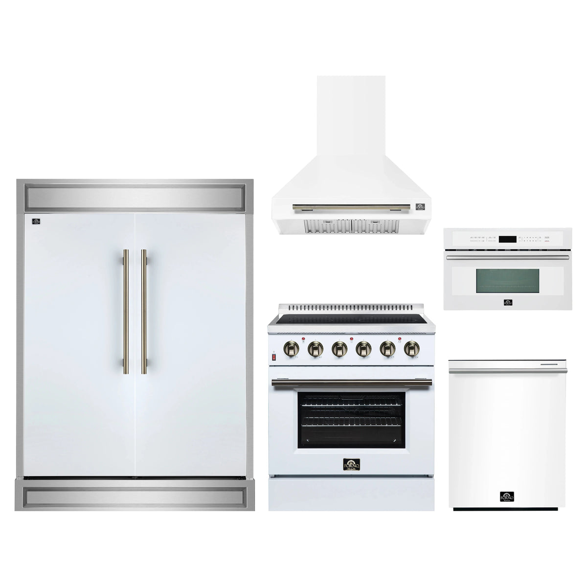 Forno 5-Piece Appliance Package - 30-Inch Electric Range, Wall Mount Range Hood, 60-Inch Refrigerator, Dishwasher, and 30-Inch Microwave Oven in White with Antique Brass Trim