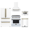Forno 5-Piece Appliance Package - 30-Inch Electric Range, Wall Mount Range Hood, 36-Inch Refrigerator, Dishwasher, and 24-Inch Microwave Drawer in White with Antique Brass Trim