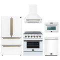 Forno 5-Piece Appliance Package - 30-Inch Electric Range, Wall Mount Range Hood, 36-Inch Refrigerator, Dishwasher, and 24-Inch Microwave Oven in White with Antique Brass Trim
