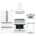 Forno 5-Piece Appliance Package - 30-Inch Electric Range, Wall Mount Range Hood, 36-Inch Refrigerator, Dishwasher, and 30-Inch Microwave Oven in White with Antique Brass Trim