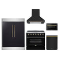Forno 5-Piece Appliance Package - 36-Inch Electric Range, Wall Mount Range Hood, 60-Inch Refrigerator, Dishwasher, and 24-Inch Microwave Drawer in Black with Antique Brass Trim