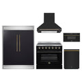 Forno 5-Piece Appliance Package - 36-Inch Electric Range, Wall Mount Range Hood, 60-Inch Refrigerator, Dishwasher, and 30-Inch Microwave Drawer in Black with Antique Brass Trim