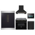 Forno 5-Piece Appliance Package - 36-Inch Electric Range, Wall Mount Range Hood, 60-Inch Refrigerator, Dishwasher, and 24-Inch Microwave Oven in Black with Antique Brass Trim