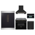 Forno 5-Piece Appliance Package - 36-Inch Electric Range, Wall Mount Range Hood, 60-Inch Refrigerator, Dishwasher, and 30-Inch Microwave Oven in Black with Antique Brass Trim