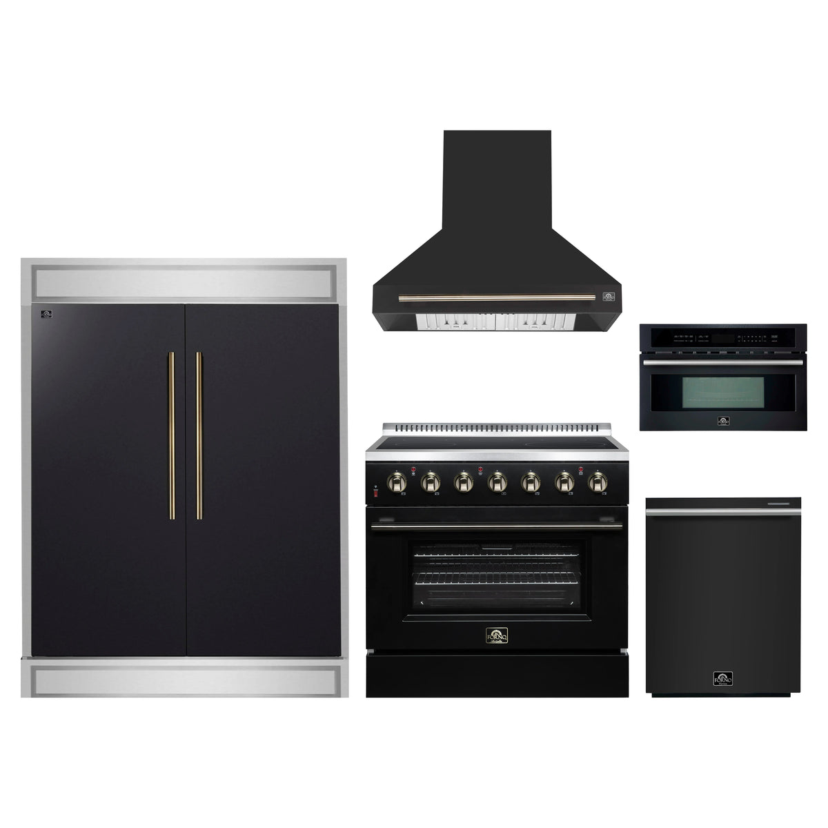 Forno 5-Piece Appliance Package - 36-Inch Electric Range, Wall Mount Range Hood, 60-Inch Refrigerator, Dishwasher, and 30-Inch Microwave Oven in Black with Antique Brass Trim