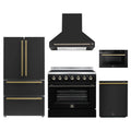 Forno 5-Piece Appliance Package - 36-Inch Electric Range, Wall Mount Range Hood, 36-Inch Refrigerator, Dishwasher, and 24-Inch Microwave Drawer in Black with Antique Brass Trim