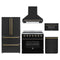Forno 5-Piece Appliance Package - 36-Inch Electric Range, Wall Mount Range Hood, 36-Inch Refrigerator, Dishwasher, and 30-Inch Microwave Drawer in Black with Antique Brass Trim