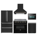 Forno 5-Piece Appliance Package - 36-Inch Electric Range, Wall Mount Range Hood, 36-Inch Refrigerator, Dishwasher, and 24-Inch Microwave Oven in Black with Antique Brass Trim