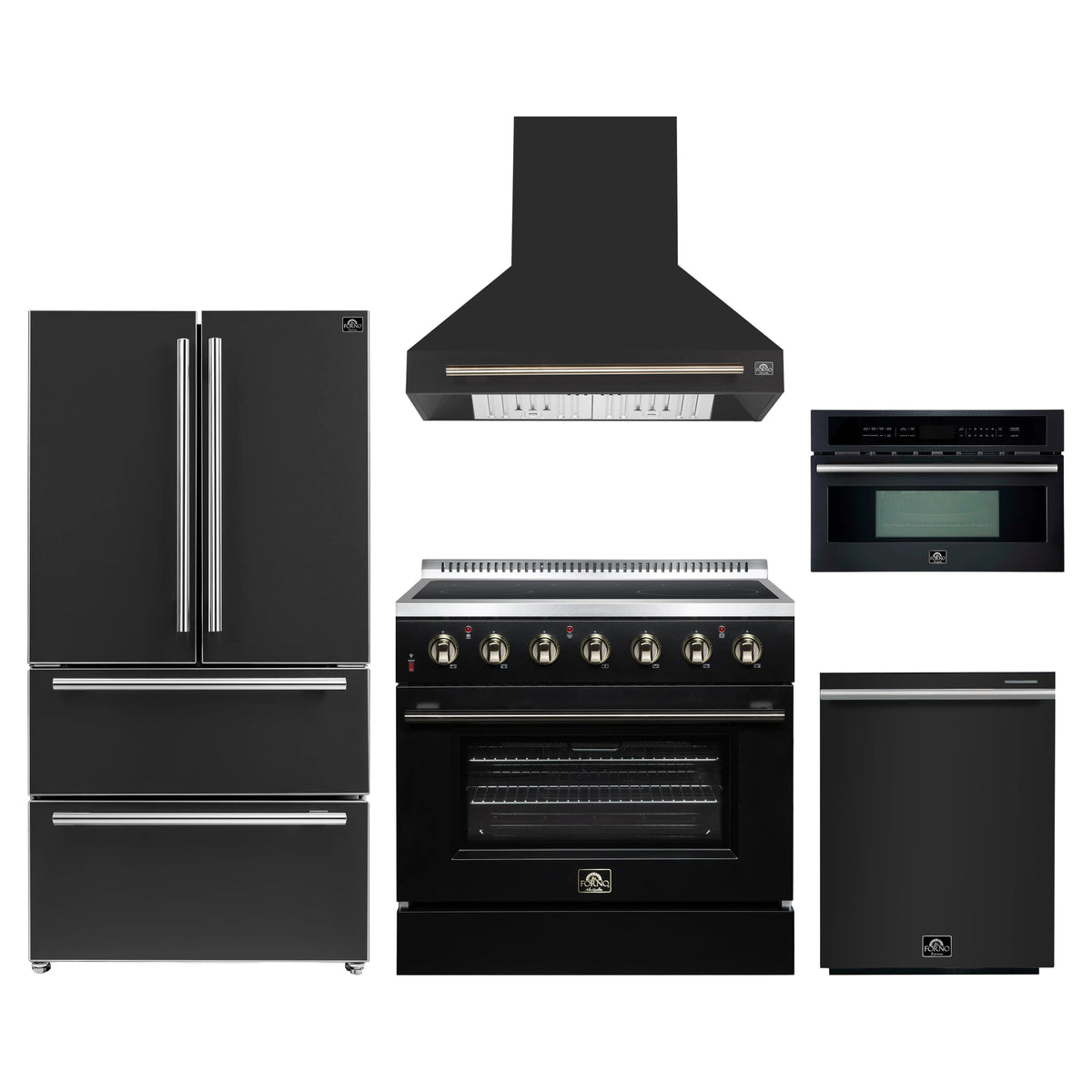 Forno 5-Piece Appliance Package - 36-Inch Electric Range, Wall Mount Range Hood, 36-Inch Refrigerator, Dishwasher, and 30-Inch Microwave Oven in Black with Antique Brass Trim