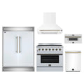 Forno 5-Piece Appliance Package - 36-Inch Electric Range, Wall Mount Range Hood, 60-Inch Refrigerator, Dishwasher, and 30-Inch Microwave Drawer in White with Antique Brass Trim