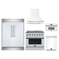 Forno 5-Piece Appliance Package - 36-Inch Electric Range, Wall Mount Range Hood, 60-Inch Refrigerator, Dishwasher, and 30-Inch Microwave Oven in White with Antique Brass Trim