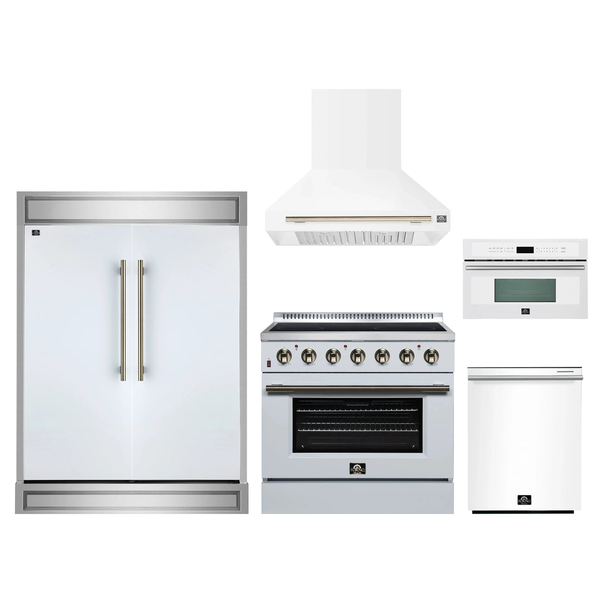 Forno 5-Piece Appliance Package - 36-Inch Electric Range, Wall Mount Range Hood, 60-Inch Refrigerator, Dishwasher, and 30-Inch Microwave Oven in White with Antique Brass Trim