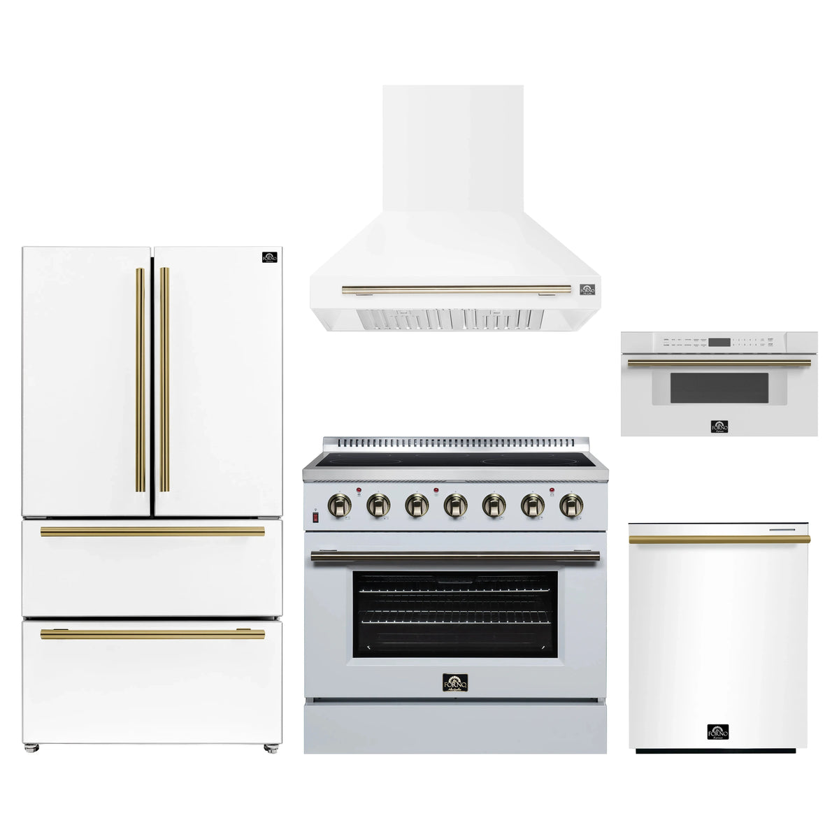 Forno 5-Piece Appliance Package - 36-Inch Electric Range, Wall Mount Range Hood, 36-Inch Refrigerator, Dishwasher, and 30-Inch Microwave Drawer in White with Antique Brass Trim