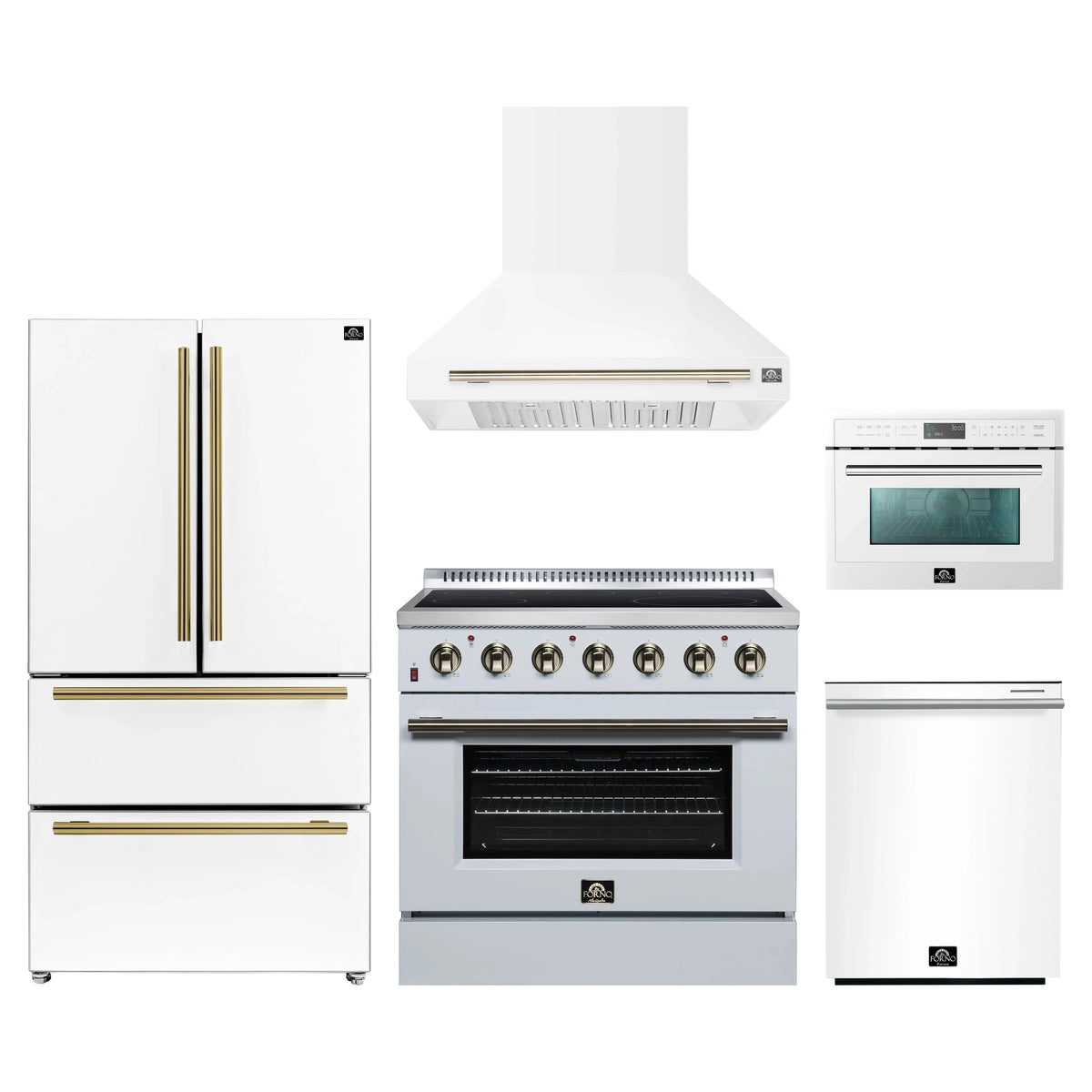 Forno 5-Piece Appliance Package - 36-Inch Electric Range, Wall Mount Range Hood, 36-Inch Refrigerator, Dishwasher, and 24-Inch Microwave Oven in White with Antique Brass Trim