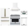 Forno 5-Piece Appliance Package - 36-Inch Electric Range, Wall Mount Range Hood, 36-Inch Refrigerator, Dishwasher, and 30-Inch Microwave Oven in White with Antique Brass Trim