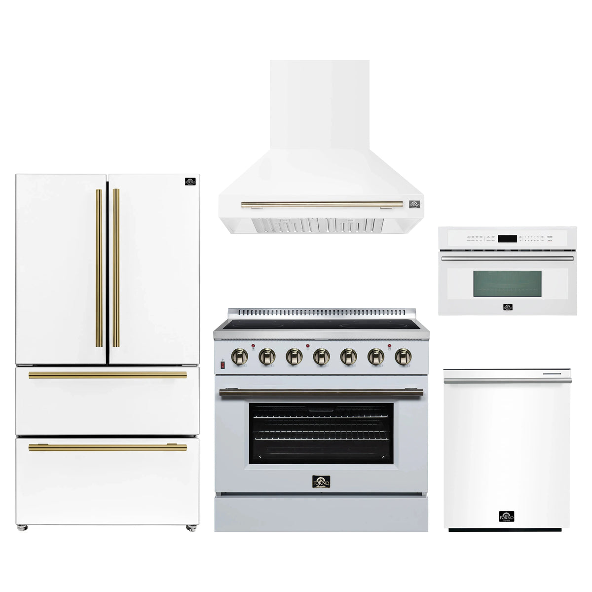 Forno 5-Piece Appliance Package - 36-Inch Electric Range, Wall Mount Range Hood, 36-Inch Refrigerator, Dishwasher, and 30-Inch Microwave Oven in White with Antique Brass Trim