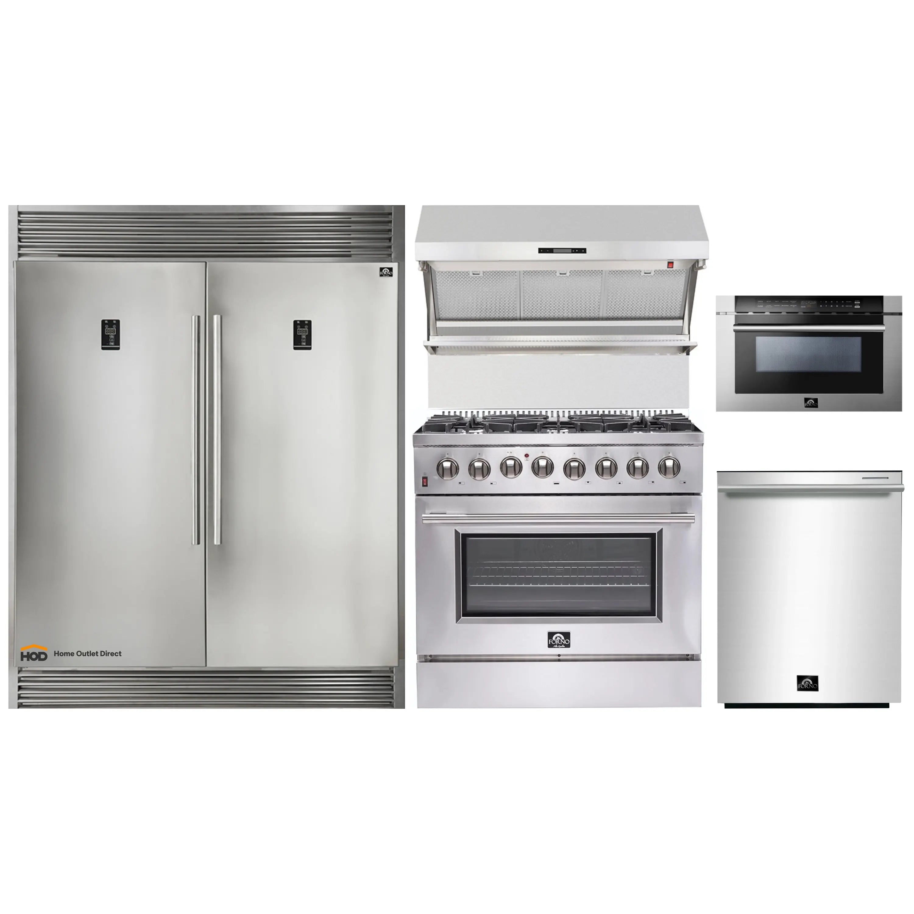 Forno 5-Piece Appliance Package - 36-Inch Dual Fuel Range, 56-Inch Pro-Style Refrigerator, Wall Mount Hood with Backsplash, Microwave Drawer, & 3-Rack Dishwasher in Stainless Steel