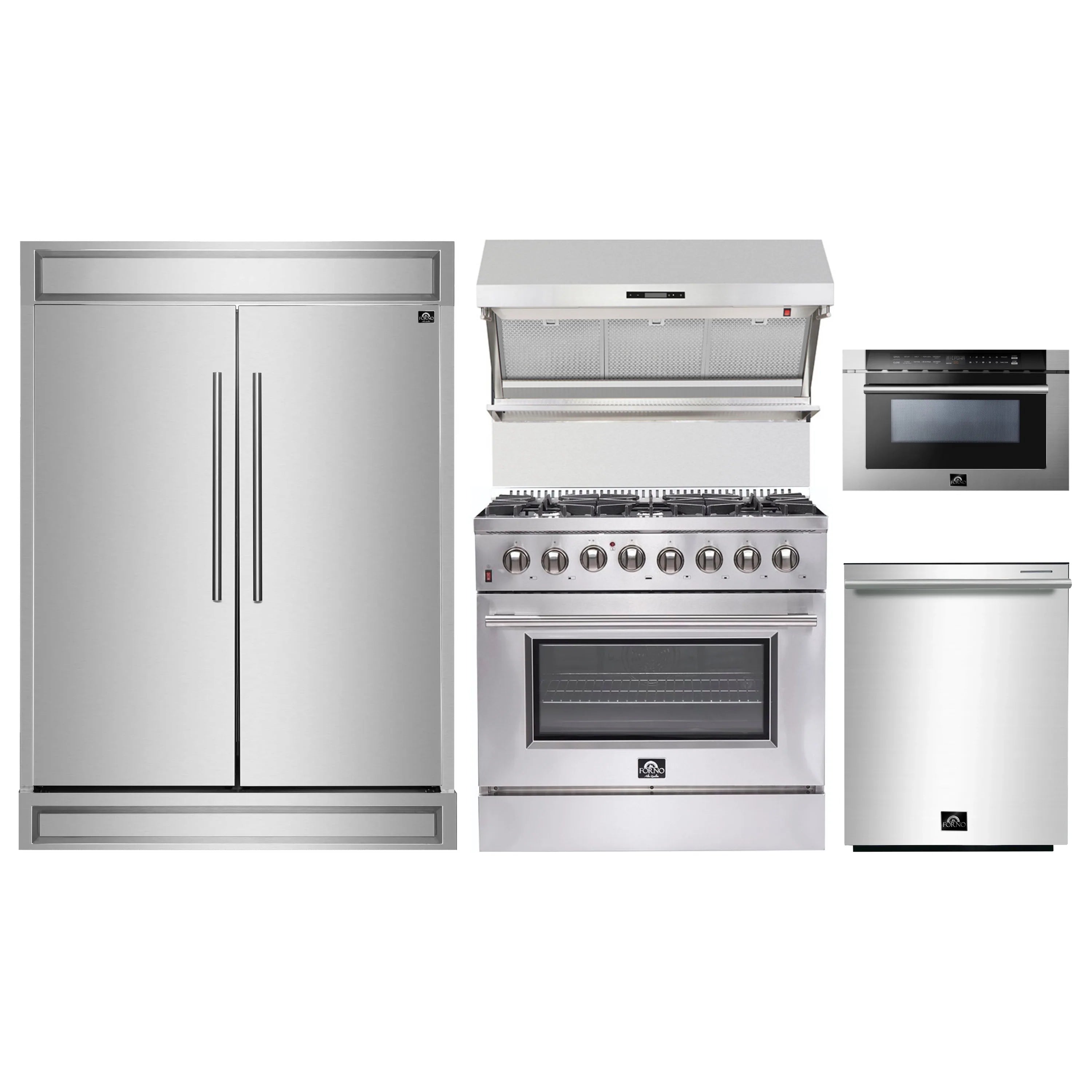 Stainless kitchen appliance package: refrigerator, range, microwave, dishwasher