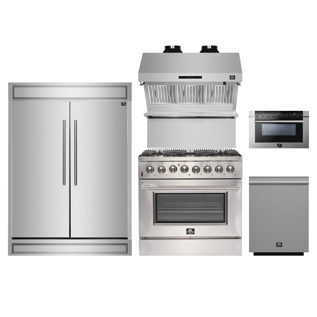 Forno 5-Piece Appliance Package - 36-Inch Dual Fuel Range, 60-Inch Pro-Style Refrigerator, Wall Mount Hood with Backsplash, 24-Inch Microwave Drawer, & 3-Rack Dishwasher in Stainless Steel