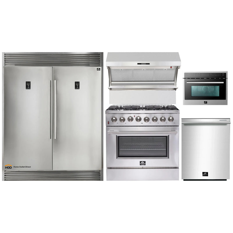 Forno 5-Piece Appliance Package - 36-Inch Dual Fuel Range, 60-Inch Pro-Style Refrigerator, Wall Mount Hood with Backsplash, Microwave Oven, & 3-Rack Dishwasher in Stainless Steel