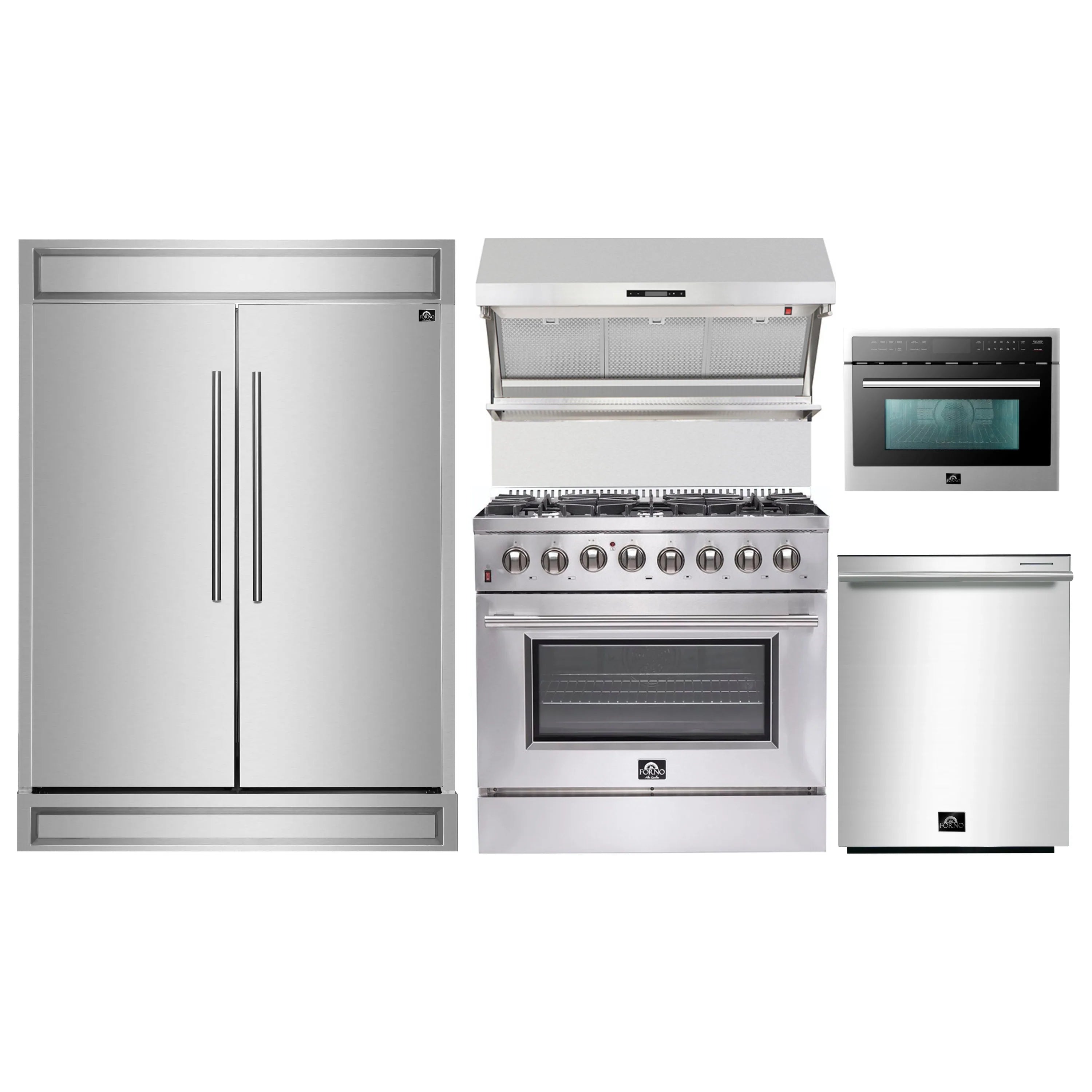 Stainless steel kitchen appliance set with refrigerator, range, microwave, and hood