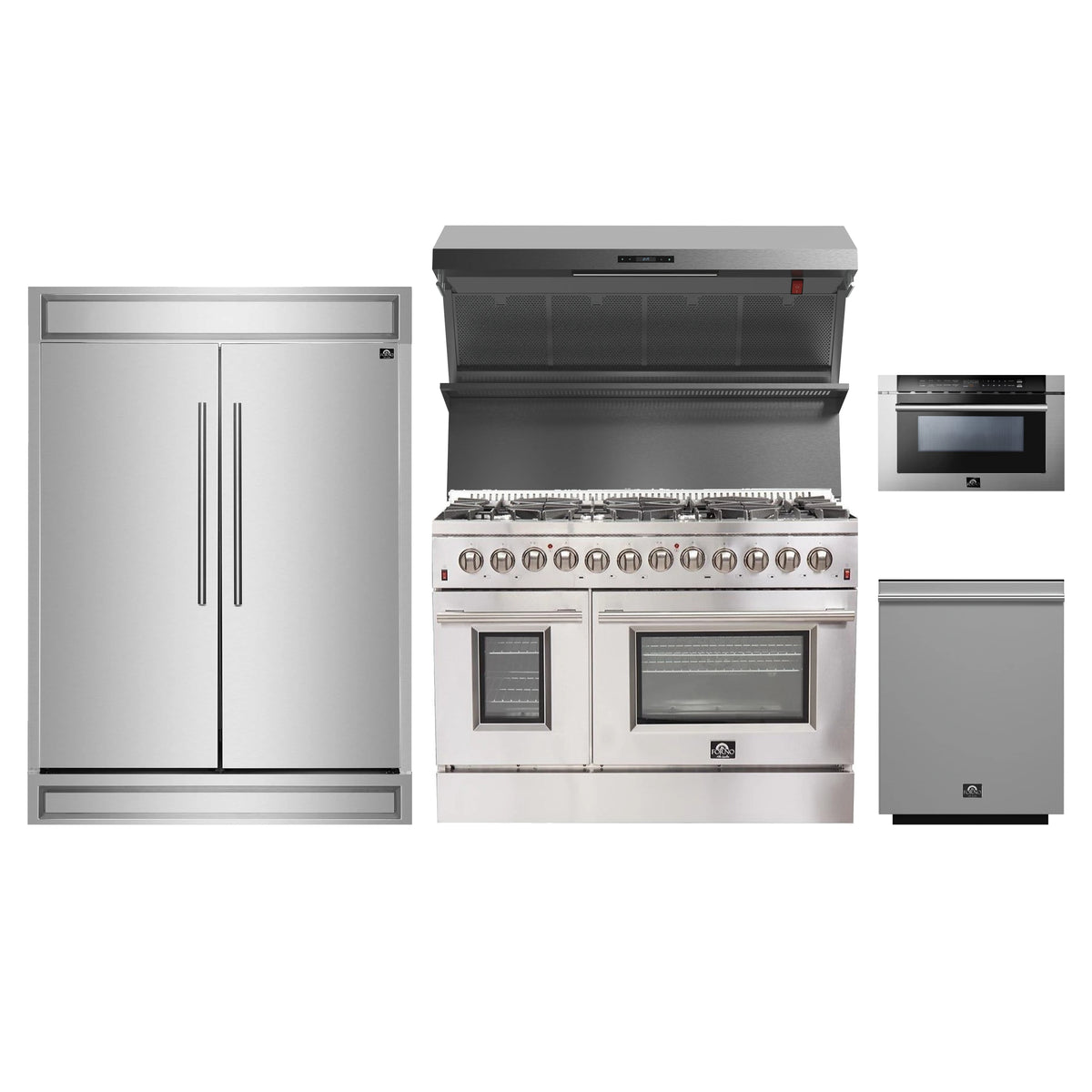 Forno 5-Piece Appliance Package - 48-Inch Dual Fuel Range, 60-Inch Pro-Style Refrigerator, Wall Mount Hood with Backsplash, 24-Inch Microwave Drawer, & 3-Rack Dishwasher in Stainless Steel