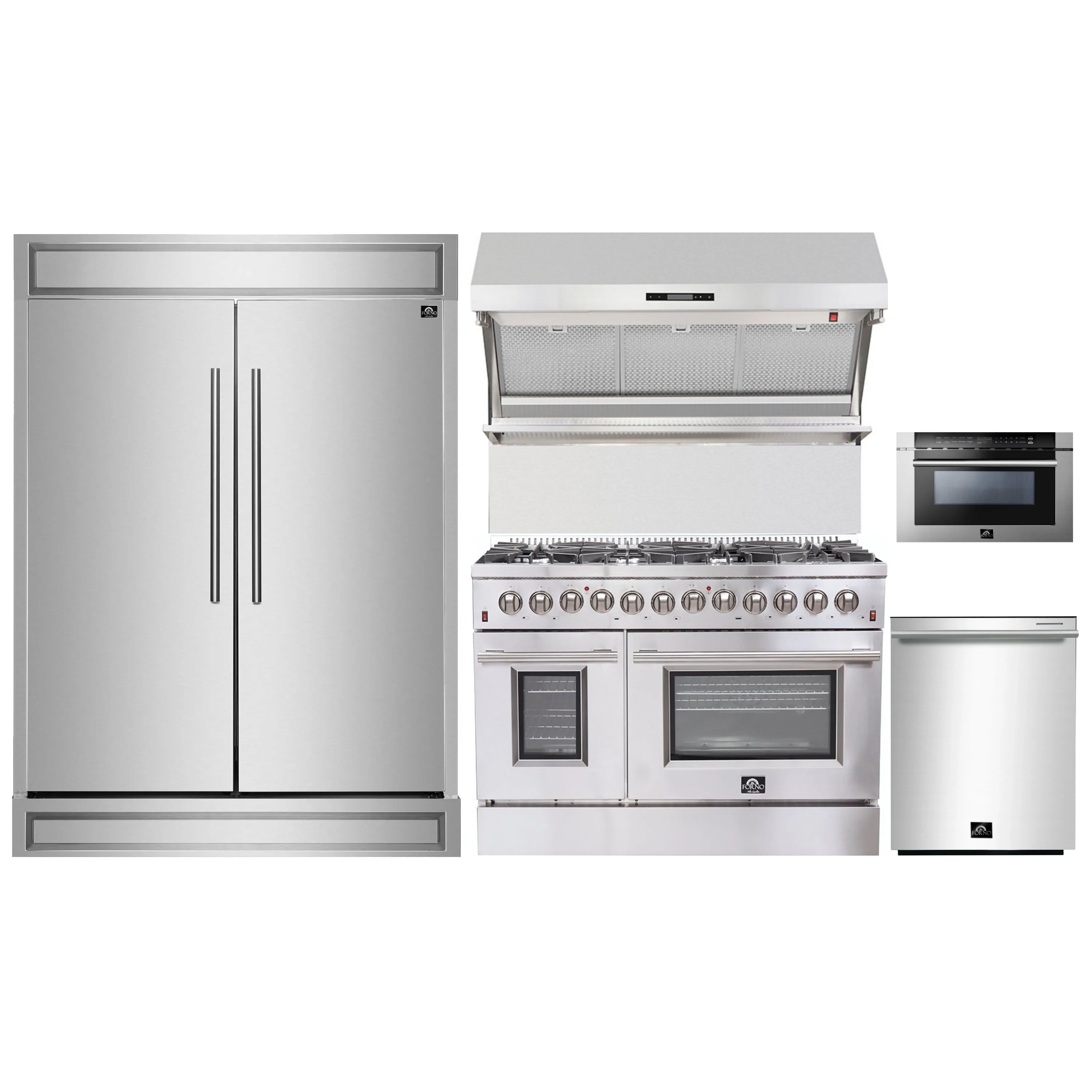 Stainless steel kitchen appliance package with refrigerator, range, hood, and microwave